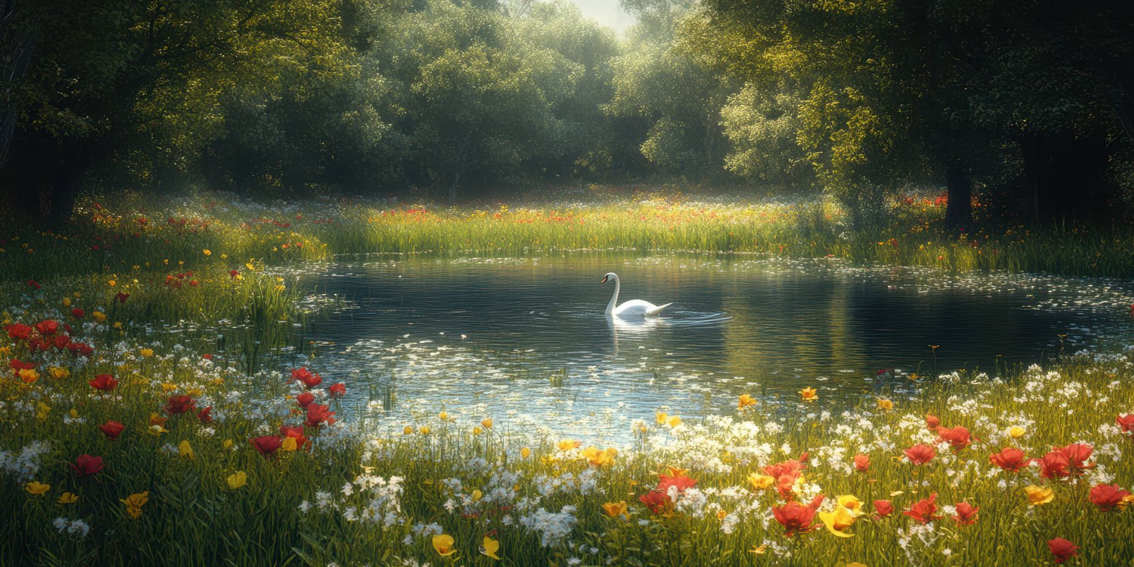 Beautiful swan gliding in a serene pond surrounded by vibrant flowers on a sunny day